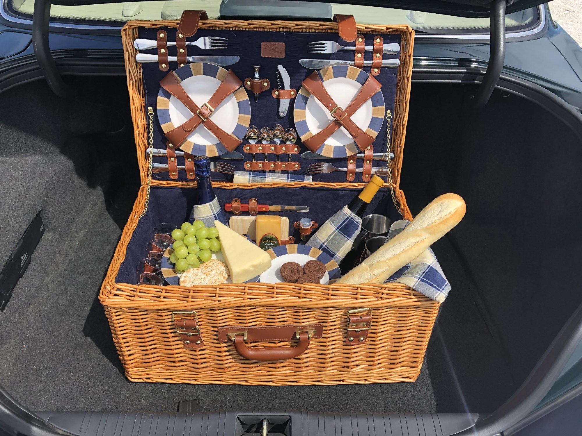 Wicker Picnic Basket On Classic Car Stock Photo - Download Image